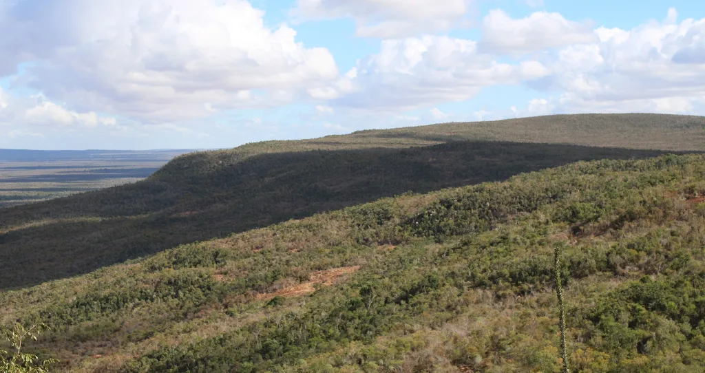 Wide view of rolling hills covered in scrubland with a partly cloudy blue sky above.